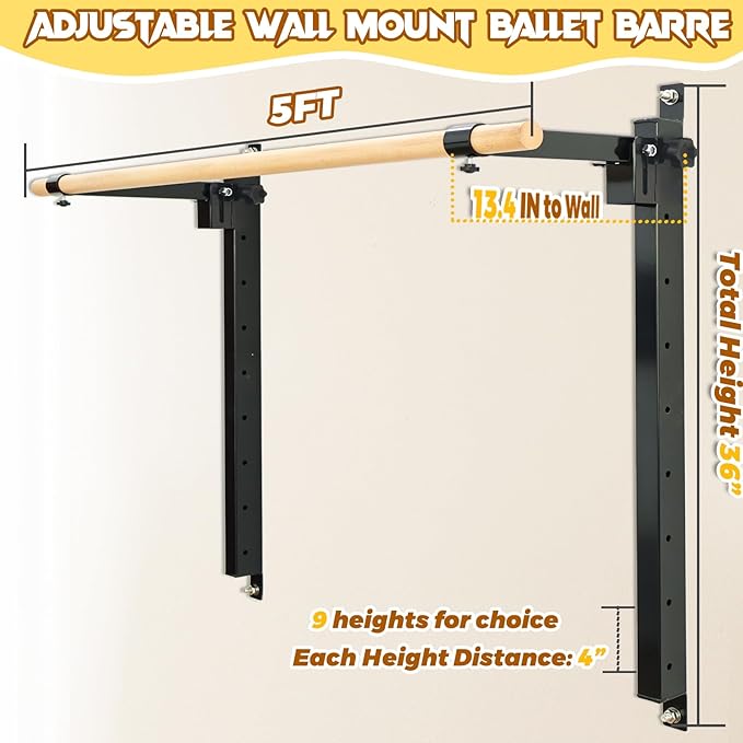 Wall Mounted Ballet Barre Adjustable Ballet Bar Foldable Dance Bar-Fully Adjustable -Solid Beech Wood Bar,Ballet workout Fitness Equipment Pull Up Stretch Never move