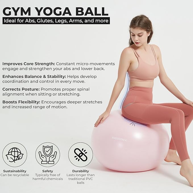 Exercise Ball Chair with Resistance Bands, Yoga Ball Office Chair with Stability Base for Home Gym, Workout Ball for Fitness, Large Size 65 cm
