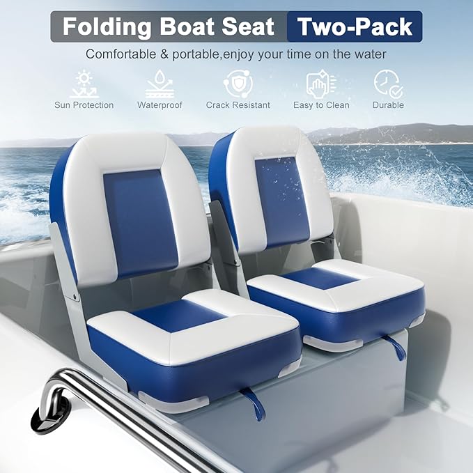 2-Pack 20" High Back Boat Seat with Thickened Sponge Padding and Hinge, Waterproof Boat Captain Chairs, Easy to Store, Ideal for Fishing, Sightseeing, Boating Blue