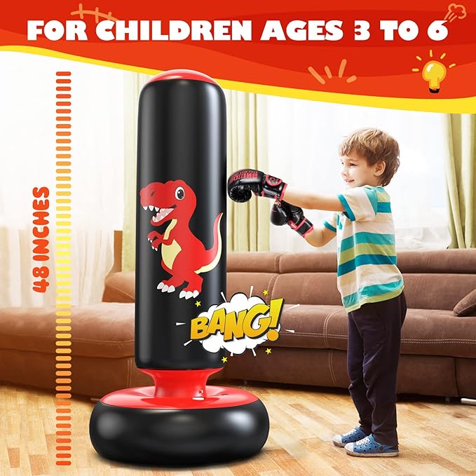 QPAU Inflatable Punching Bag, 48 Inch Stable Inflatable Boxing Bag for 3-6 Kids,Dinosaur Toy & Gifts for Boys and Girls, Kids Boxing Set for Practicing Karate, Taekwondo