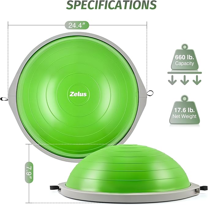 ZELUS 25in. Balance Ball | 660lb Inflatable Half Exercise Ball Wobble Board Balance Trainer w Nonslip Base | Half Yoga Ball Strength Training Equipment w 2 Bands, Pump, Extra Ball Included