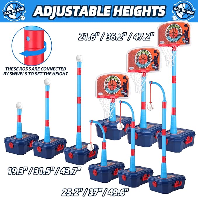 4 in 1 Basketball Hoop for Kids 1-3, 3-5, Toddler Basketball Goal and T Ball Set, Adjustable Basketball Hoop, Indoor Outdoor Sports Toys, Birthday Gifts for Kids Boys 1 2 3 4 5 Years Old