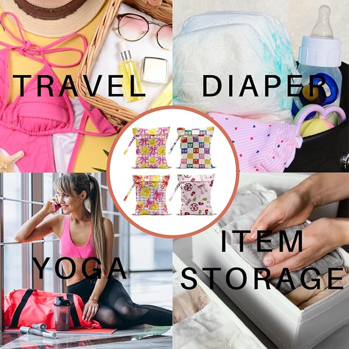 4 Pack Cute Colorful Checkered Plaid Bow Lemon Wet Bag Waterproof Washable Wet Dry Bag for Swimsuit Dirty Clothes Bathing Cloth Diaper Travel Beach Pool Yoga Gym Toiletries Travel Beach Essentials