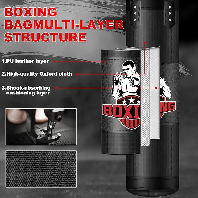 Punching Bag for Adults, 4FT PU Heavy Boxing Bags with Chain Ceiling Hook, Hanging Boxing Bag for Kickboxing Muay Thai Karate Judo Taekwondo Home Gym Training, Unfilled