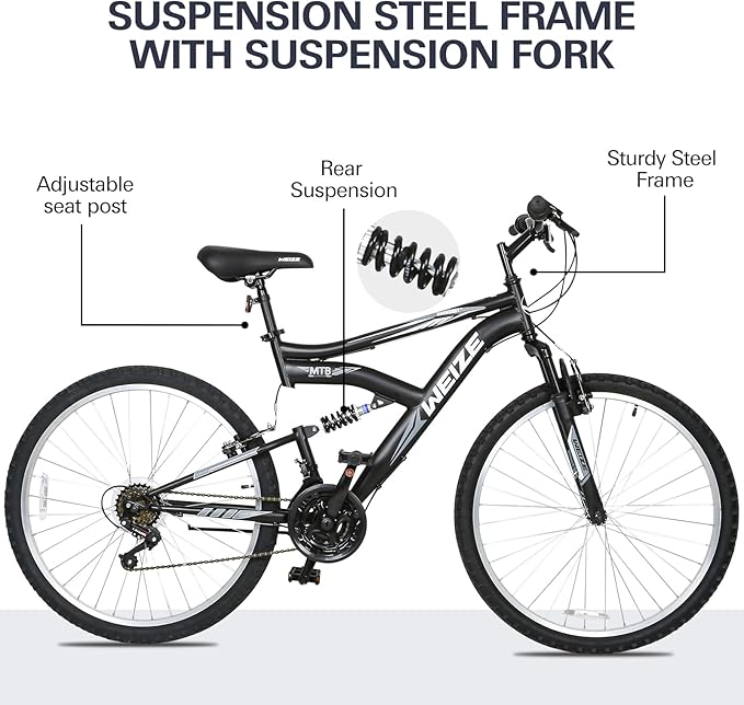 WEIZE Mountain Bike, 26/27.5 inch Outdoor Cycling Bike,18-Speed/High-Carbon Steel/Dual Full Suspension, Adjustable Ergonomic Seat for Men Women Adult, MTB Bicycle with Suspension Fork,Sleek Colors