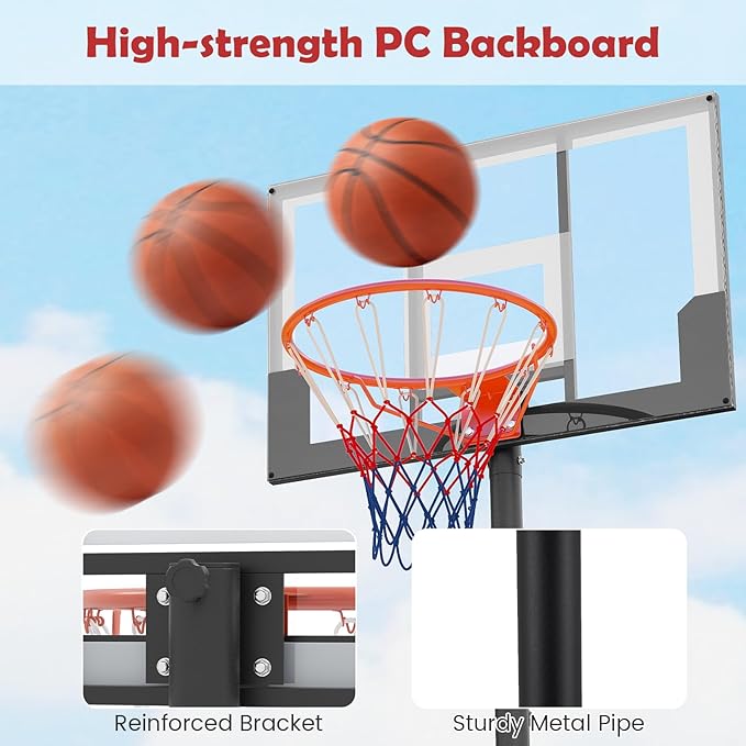 GYMAX Basketball Hoop Outdoor, 3.3-7/10 FT Adjustable Portable Basketball Goal with Wheels, PC Backboard, Fillable Base for Kids, Youth & Adults in Backyard, Driveway, Pool