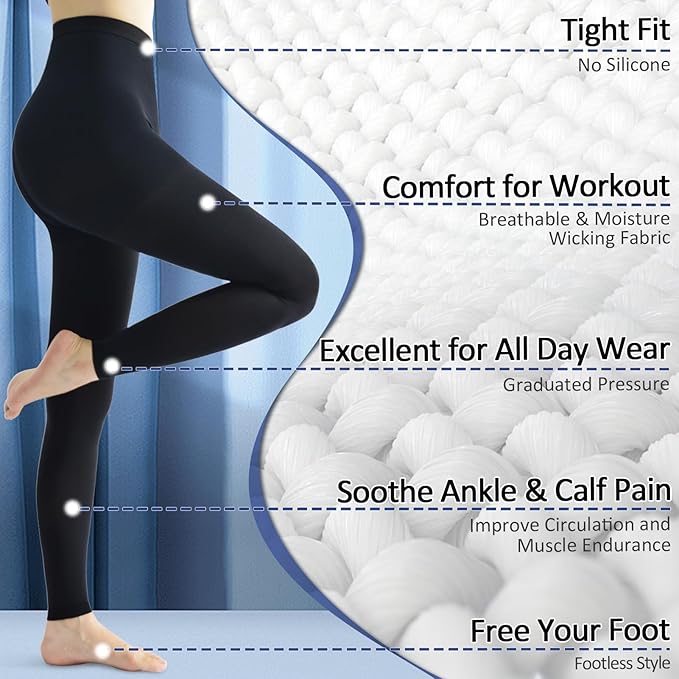 Medical Compression Pantyhose for Women & Men, 20-30mmHg Graduated Support Tights, Opaque Footless Waist High Compression Stockings for Varicose Veins, Edema, Flight