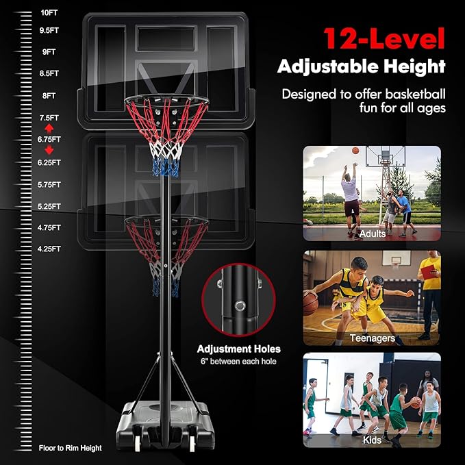 Goplus Portable Basketball Hoop, 10FT Height Adjustable Basketball Goal w/44‘’ Shatterproof Backboard, Outdoor Basketball Stand for Adults Backyard Driveway