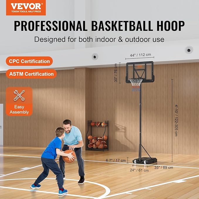 VEVOR Basketball Hoop/Rim, Adjustable Height Portable Backboard Court, Basketball Goal, Mobile Stand with Wheels Weighted Base, Youth&Adults, Outdoor/Indoor