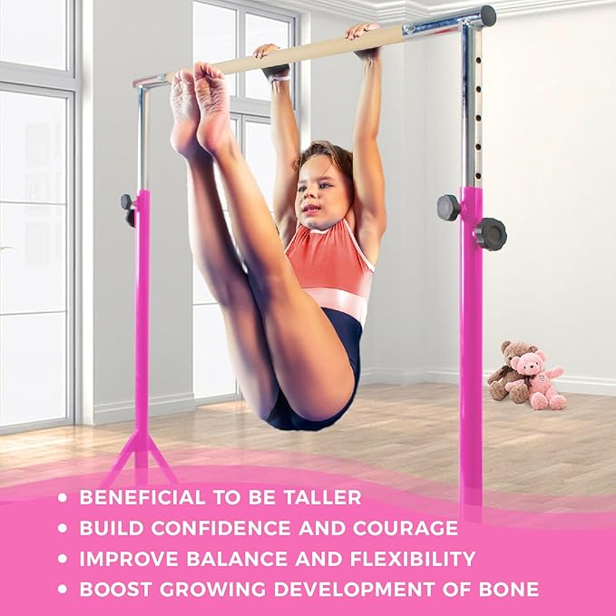Kangaroo Hoppers Gymnastics Bar with Mat for Kids 3-15, Adjustable 35.4"-57.1" Gymnastics Horizontal Bars with Steel Frame at Home/Indoor Training, 260LBS (Pink)