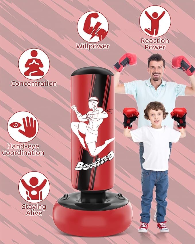 66 Inch Inflatable Kids Punching Bag with Boxing Gloves, Freestanding Boxing Bag, Stand Kids Punching Bag Toy, Bounce-Back Bag Gifts for Kids, Girls, Boxing Set for Practicing Karate, Taekwondo, MMA