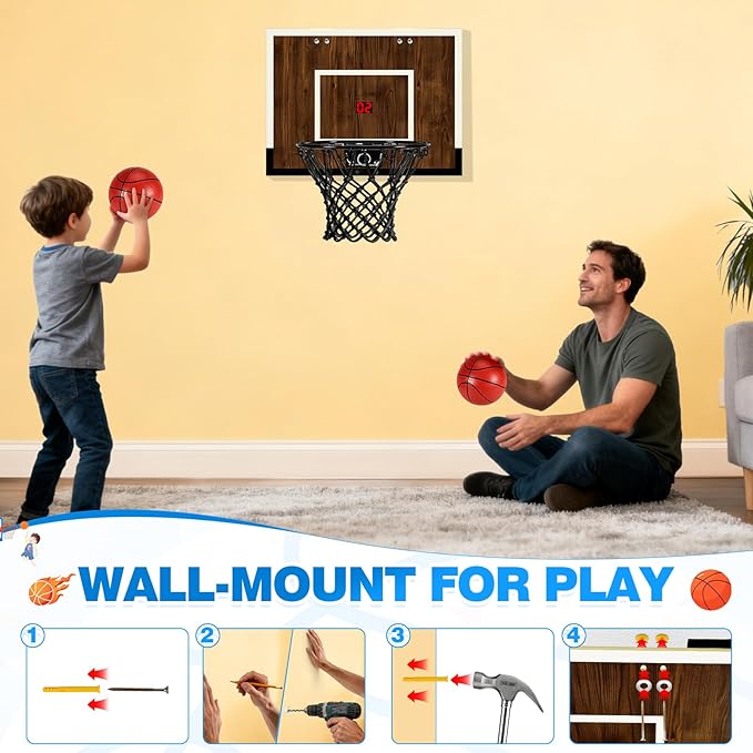 Indoor Mini Basketball Hoop Set – Over The Door with Wood Backboard & Iron Rim – Includes 2 Balls & Air Pump – Anti-Shock Padding – 16"x12"x3"