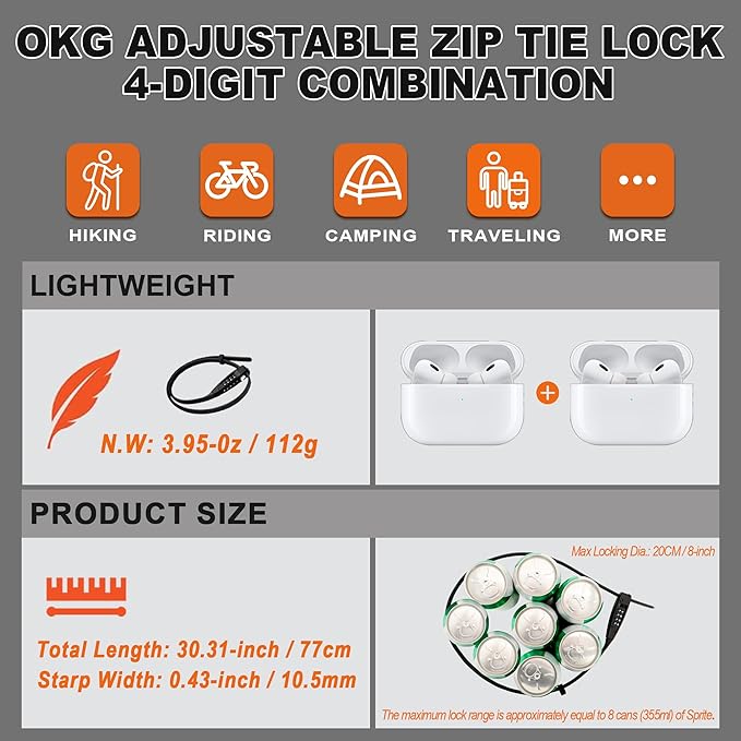 OKG 4-Digit Combination Zip Tie Lock - 2.3 Foot Extended Stainless Steel Adjustable Cable Lock with Anti-Scratch Protection- Secure Bikes, Helmets, Skis, Kayak, Luggage, and Fence Gate Doors (Black)