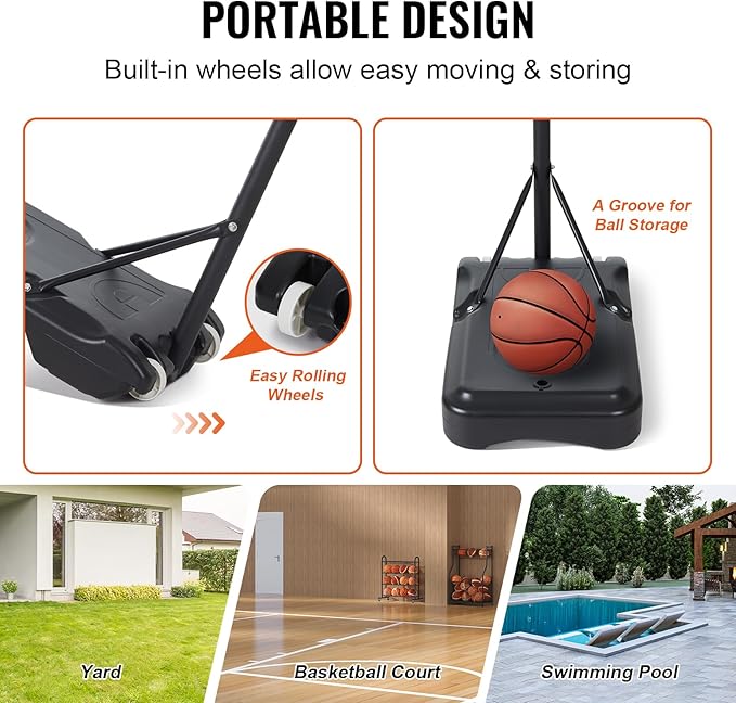 VEVOR Basketball Hoop/Rim, Adjustable Height Portable Backboard Court, Basketball Goal, Mobile Stand with Wheels Weighted Base, Youth&Adults, Outdoor/Indoor