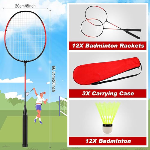 12 Pack Badminton Rackets Set Including Rackets, Nylon Shuttlecocks and Carry Bag for Outdoor Backyard Games Beginners