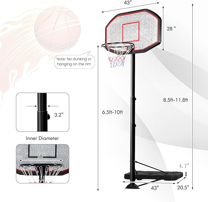 GYMAX Basketball Hoop, Outdoor 6.5FT-10FT Adjustable Basketball Goal with 43’’ Shatterproof Backboard & 18’’ Basket, All Weather Basketball Stand with Wheels, for Kids Youth Adult, Gym Driveway Court