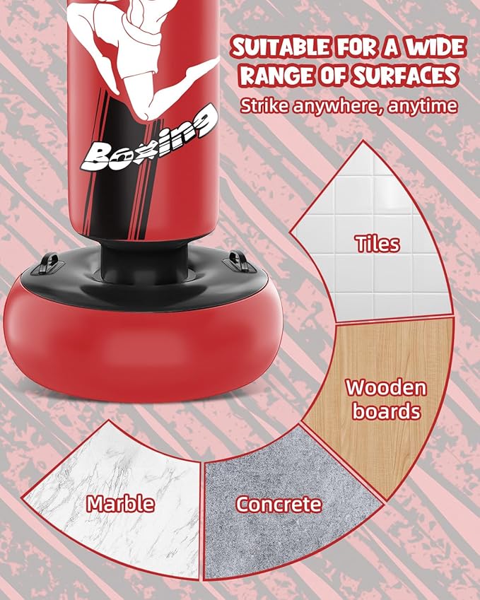 66 Inch Inflatable Kids Punching Bag with Boxing Gloves, Freestanding Boxing Bag, Stand Kids Punching Bag Toy, Bounce-Back Bag Gifts for Kids, Girls, Boxing Set for Practicing Karate, Taekwondo, MMA