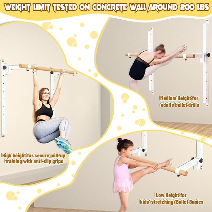 Wall Mounted Ballet Barre Adjustable Ballet Bar Foldable Dance Bar-Fully Adjustable -Solid Beech Wood Bar,Ballet workout Fitness Equipment Pull Up Stretch Never move