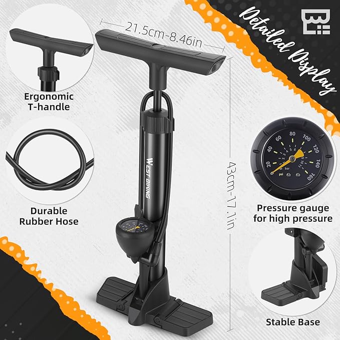 Bike Floor Pump, Bikes Pump with Gauge,Bicycle Air Pump with High Pressure 160 Psi, BikeTire Pump with Presta Schrader Valves，Portable Hand Pump Bike, Fits Road Bikes MTB E-Bike, Ball