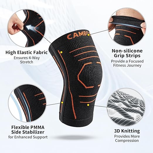 CAMBIVO Knee Brace for Women and Men with Side Stabilizer 2 Pack, Lightweight Knee Compression Sleeves for Knee Pain Relief, Knee Sleeves for Running, Workout and Daily Activities (Orange, Medium)