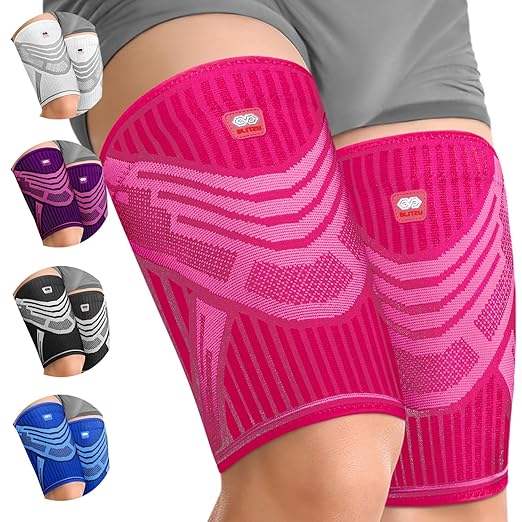 BLITZU Hamstring Compression Sleeve, Thigh Compression Sleeve for Women and Men, Upper Leg Brace for Groin, Sciatica & Quad Tendonitis, Wrap Support for Recovery, Running, Sports and Workout Pink M