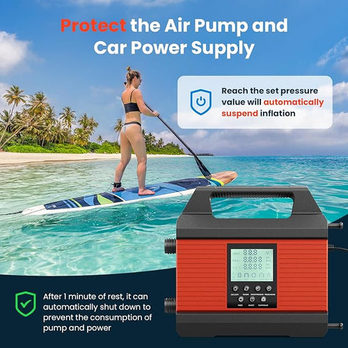 20PSI Paddle Board Pump, Sup Pump Electric Portable with Auto-Off/Deflation, Dual Stage 12V DC Car Connector Air Pump for Inflatables, Kayak and Air Mattress