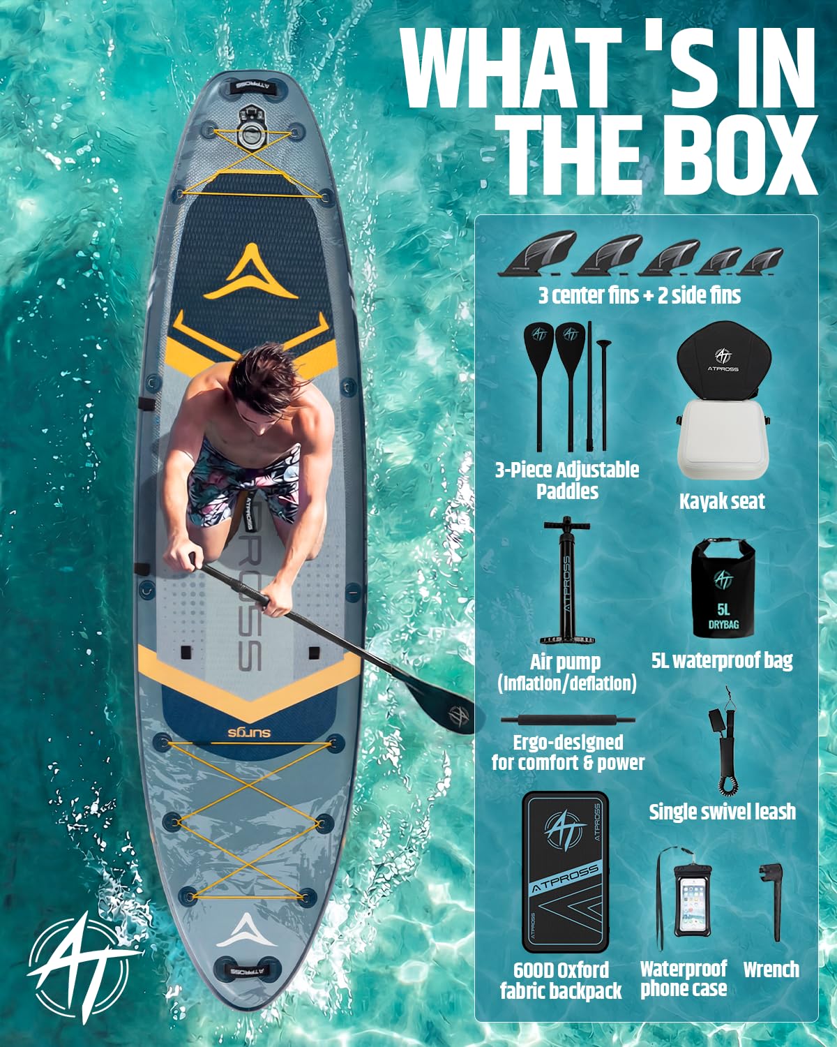 ATPROSS 12'x36 Inflatable Stand Up Paddle Board with Seat, 500lbs Wide SUP