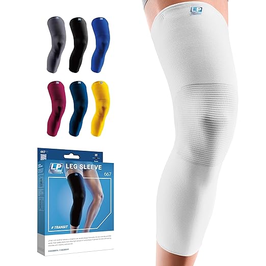 LP SUPPORT 667 Compression Sleeve Leg Full Length for Sports, Cycling, Running, Basketball, for Men Women (White, L, 1pcs)