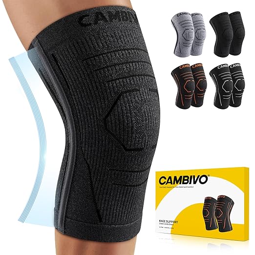 CAMBIVO Knee Brace for Women and Men with Side Stabilizer 2 Pack, Lightweight Knee Compression Sleeves for Knee Pain Relief, Knee Sleeves for Running, Workout and Daily Activities (Black, Medium)