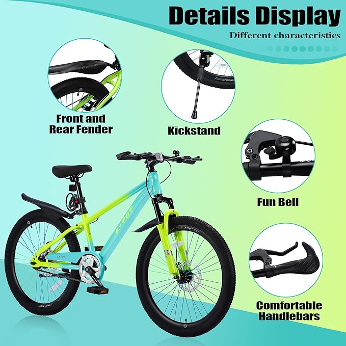 20/24 Inch Mountain Bike for Kids, Girls Boys Bikes Ages 8-12, Single Speed Mountain Bicycle with Suspension Fork, 20/24 Inch Bike Boys Girls Bicycles with Front and Rear Disc Brakes