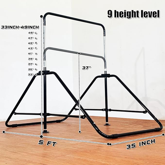MARFULA Foldable Gymnastic Bar for Kids Ages 3-9, 9 Height Levels, 200 lbs Weight Capacity, 5 Ft Length Gymnastic Kip Bar with Mat, Gymnastic Equipment for Home and Gym Center Indoor Outdoor Use