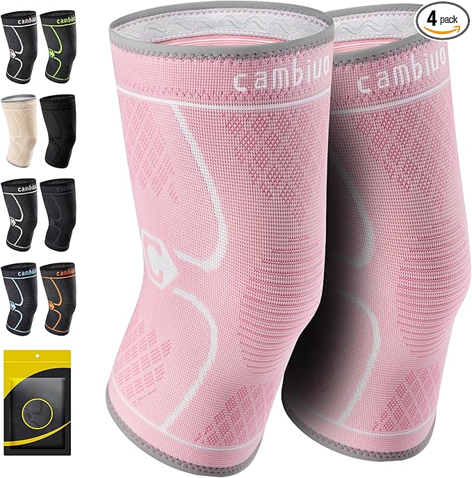 CAMBIVO 2 Pack Knee Brace, Knee Compression Sleeve for Men and Women, Knee Support for Running, Workout, Gym, Hiking, Sports (Light Pink,Small)