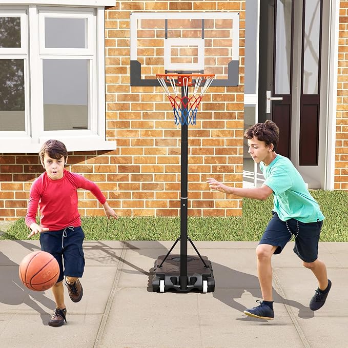 GYMAX Basketball Hoop Outdoor, 3.3-7/10 FT Adjustable Portable Basketball Goal with Wheels, PC Backboard, Fillable Base for Kids, Youth & Adults in Backyard, Driveway, Pool