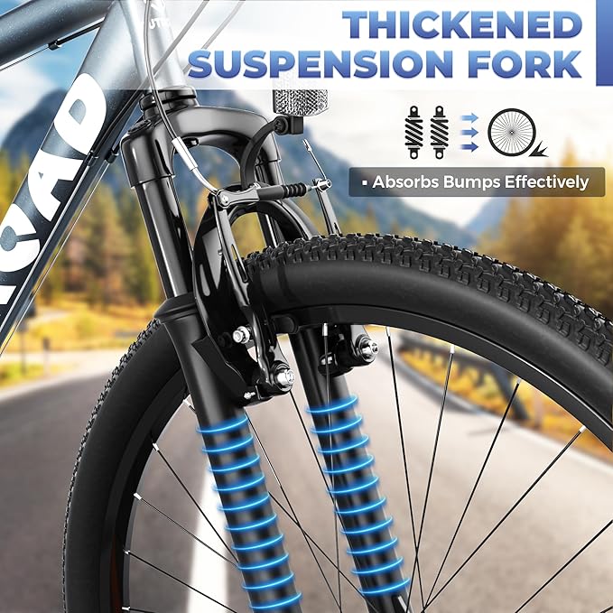 26" Mountain Bike - 1/7-Speed Lightweight High-Carbon Steel Frame, V Brakes & Front Suspension - Adjustable Ergonomic Seat for Men & Women(Quick Assembly, Multiple Colors)
