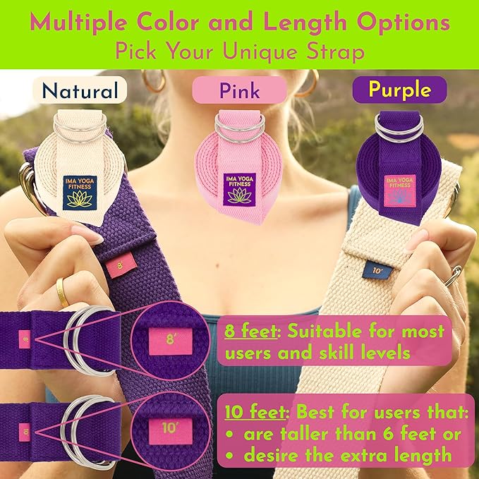 Adaptive Yoga Strap, Stretching Strap, 2 Inches Wide, 100% Naturally Soft Cotton, Steel D-Rings, Includes Natural Cotton Drawstring Storage Pouch and Instructional E-Book