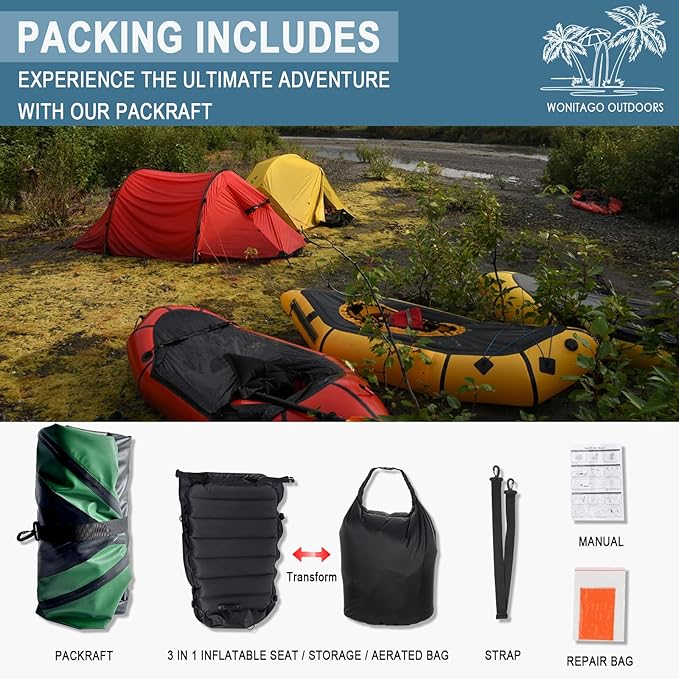 Packraft TPU Inflatable Travel Kayak with Soft Seat Lightweight Packrafts for Flat Water Rafting/Bicycle Drifting/Litewater Dinghy, 1 Person