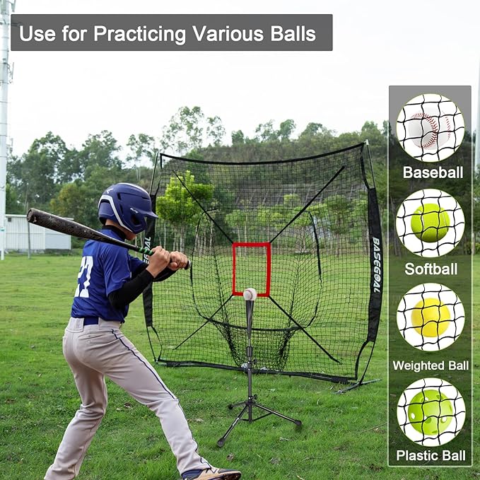 7'×7' Baseball Softball Practice Net,Baseball Backstop,with Batting Tee,for Hitting Pitching Batting Catching with Bow Frame,Bonus Strike Zone