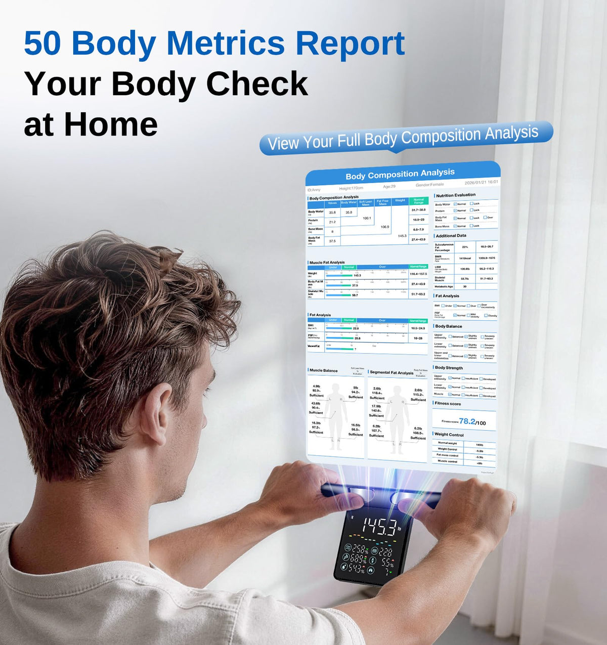 GE Smart Scale for Body Fat with BMI Muscle Mass, 5.3-inch Handle Display
