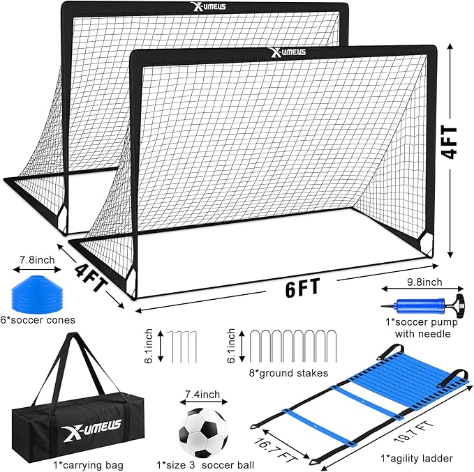 Kids Soccer Goals for Backyard Set of 2, 6x4 ft Portable Pop Up Soccer Goal Training Equipment with Soccer Ball, Ladder and Cones, Soccer Nets for Backyard for Kids Youth Toddler Outdoor Sports Games