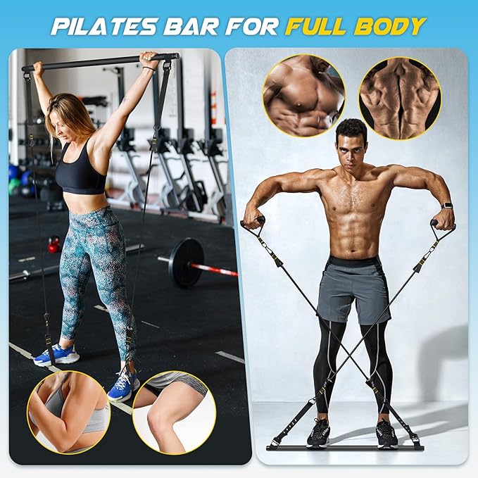 Pilates Bar Kit with Resistance Bands, Multifunctional Yoga Pilates Bar with Heavy-Duty Metal Adjustment Buckle, Portable Home Gym Pilates Resistance Bar Kit for Women Full Body Workouts