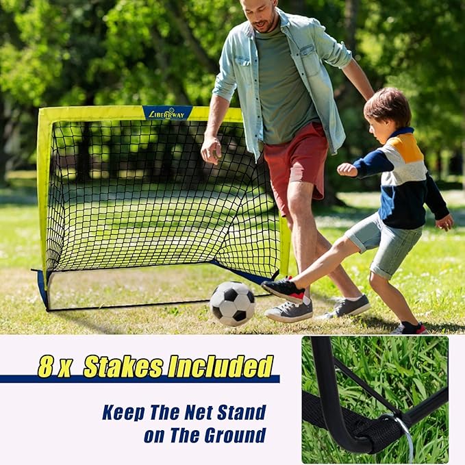 LIBERRWAY Soccer Goal 4'x 3' Portable Kids Soccer Goals for Backyard or Indoor Pop Up Soccer Net with 6 Training Cones, Carrying Bag, 8 Ground Stakes