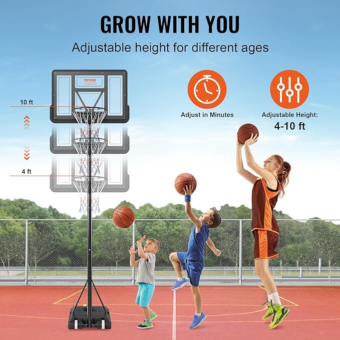 VEVOR Basketball Hoop/Rim, Adjustable Height Portable Backboard Court, Basketball Goal, Mobile Stand with Wheels Weighted Base, Youth&Adults, Outdoor/Indoor