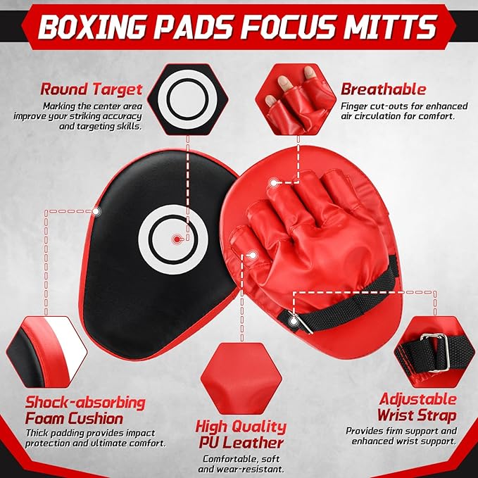 3-in-1 Boxing Gloves and Punching Mitts Set for Kids Youth, Kids Boxing Gloves Curved Punching Pads with Hand Wraps, Focus Mitts Boxing Equipment Set for Boxing Training MMA Karate Muay Thai Taekwondo