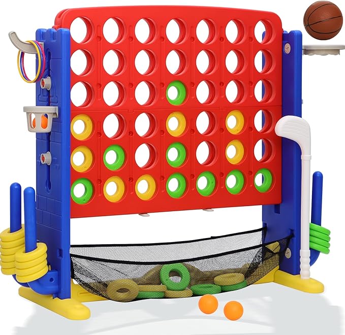 Giant 4 in A Row Game, Height Adjust Connect 4 Jumbo Yard Game Set for Kids & Adults with Mesh Catching Bag, Golf, Basketball Hoop & Ring Toss, 4-to-Score Games for Indoor/ Outdoor Fun