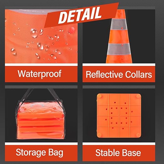 RoadHero 28 Inch 2 Pack Collapsible Traffic Safety Cones, Multi Purpose Pop-up Cones with Reflective Collar for Road Safety, Orange Cones for Driving Training, Parking Lots