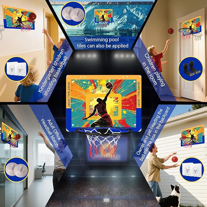 Silent Indoor Mini Basketball Hoop - Large Backboard with 3 Mounting Options, 3 Rims, 3 Balls & Pump