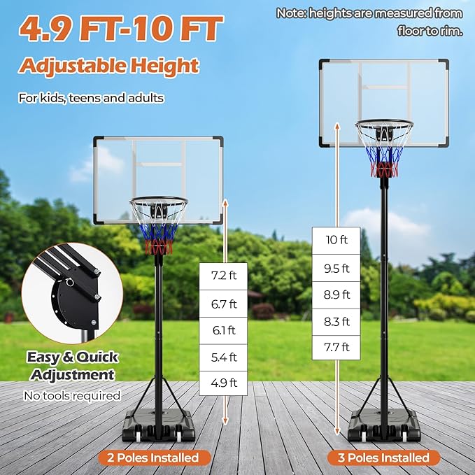 GYMAX Basketball Hoop Outdoor, 4.9-10 FT Quick Adjustable Basketball Hoop with Shatterproof Backboard, Fillable Base & Weight Bag, Basketball Goal for Kids Teens Adults