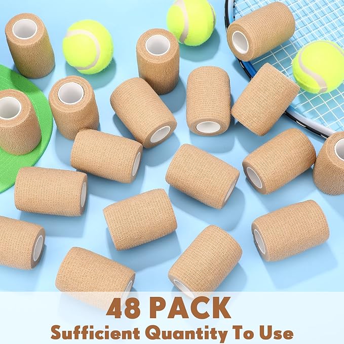 Treela 48 Pack Self Adhesive Wrap Bandage Bulk, 3 Inch x 5 Yard Self Adherent Cohesive Bandage Elastic Athletic Tape Breathable Wound Tape for Stretch Athletic Sports Wrist Ankle(Nude)