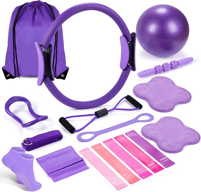 Pilates Ring Circle Fitness Set 17 pcs Equipment Accessories Workouts Includes Pilates Ball Magic Circle Yoga Ring Knee Pads and Resistance Bands for Women Set Gift for Women Weight Loss