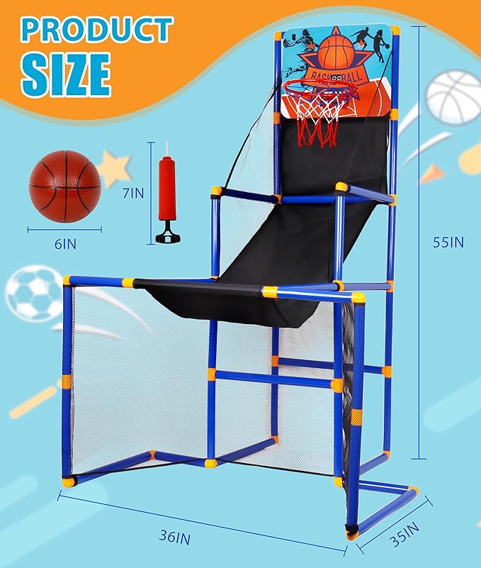 Surpop Kids Basketball Hoop Arcade Game with 4 Balls and Infrared Scoring Indicator, Basketball Football Hockey 3-in-1 - Toy Sports Game for Kids 3+